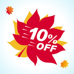 Bright banner for autumn sale. Discount 10 off on background red leaf. Sale Red Tag Isolated Vector Illustration. Discount Offer Price Label.