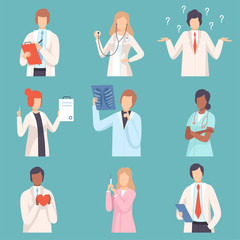 Doctor and Nurses Set, Medical Staff, Male and Female Professional Medical Workers Characters in Lab Coats Vector Illustration