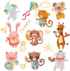 Fototapeta premium Different animals on summer holiday. Vector illustration on white background.