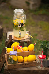 Homemade lemonade sale concept. Lemons, mint, cocktail cans in boxes for lemonade close-up. Homemade lemonade in dispenser and copy space.