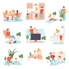 Parents and Their Kid in Everyday Life at Home Set, Family Cooking, Eating, Reading Books, Watching TV, Playing Games Together Vector Illustration