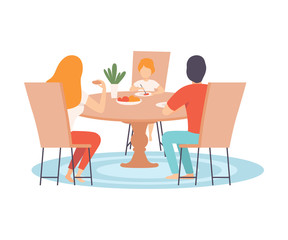 Fototapeta na wymiar Family Sitting at Kitchen Table and Eating Dinner Together, Parents and Their Son in Everyday Life at Home Vector Illustration