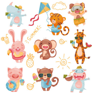 Different animals on summer holiday. Vector illustration on white background.