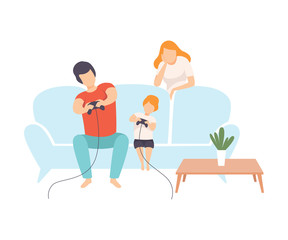 Father, Mother and Son Sitting on Sofa and Playing Video Games Together, Family Everyday Life at Home Vector Illustration