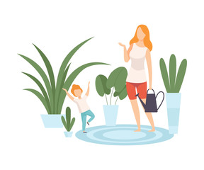 Mother and Her Son Watering Houseplants, Family in Everyday Life at Home Vector Illustration