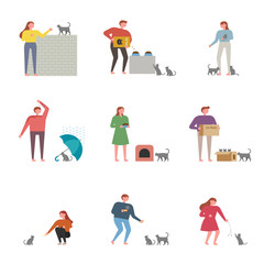 A good set of people to take care of Stray cat. flat design style minimal vector illustration.