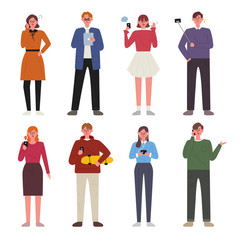People using a mobile phone character set. flat design style minimal vector illustration.