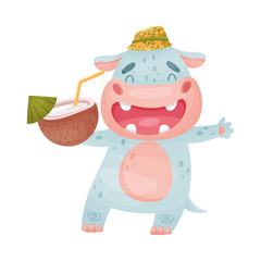 Humanized hippopotamus with a cocktail in his hands. Vector illustration on white background.