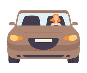 Obraz premium Brown Car with Female Driver, Front View Vector Illustration