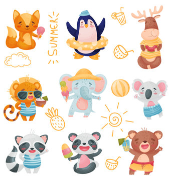 Humanized animals at summer holiday. Vector illustration on white background.