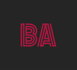 Initial two letter red line shape logo on black vector BA