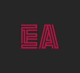 Initial two letter red line shape logo on black vector EA