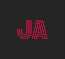 Initial two letter red line shape logo on black vector JA