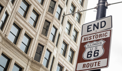 Route 66 Illinois Begin road sign, the historic roadtrip in USA