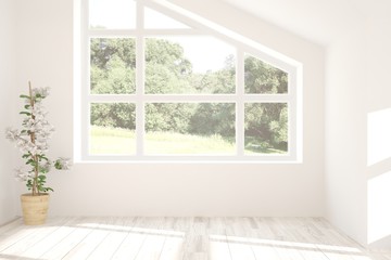 Fototapeta na wymiar Stylish empty room in white color with summer landscape in window. Scandinavian interior design. 3D illustration