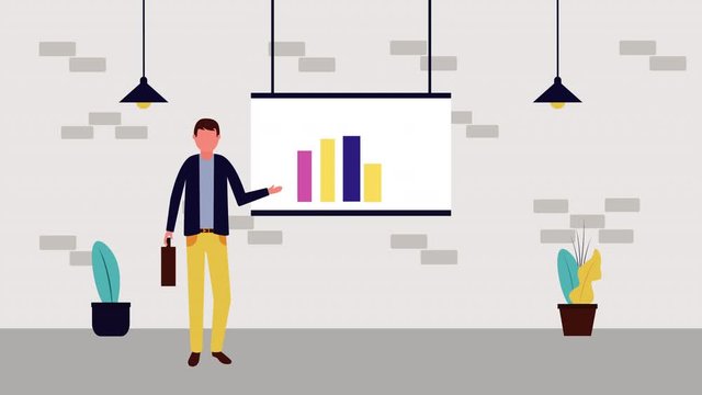 businessman with paperboard and statistics avatar character