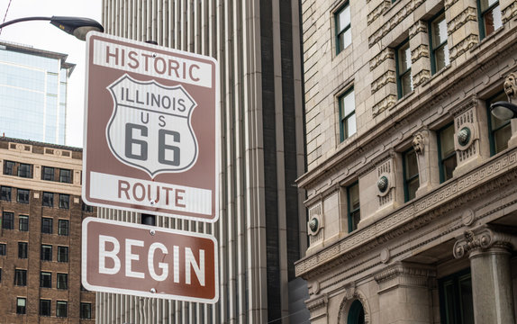 Route 66 Illinois Begin road sign, the historic roadtrip in USA
