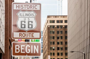 Poster Route 66 Illinois Begin road sign, the historic roadtrip in USA © Rawf8