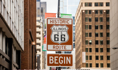 Route 66 Illinois Begin road sign, the historic roadtrip in USA