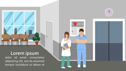 Landing page. Medical topics. Illustration of doctors in a modern clinic.