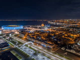 Fototapeta na wymiar Night view from the drone Nizhny Novgorod, the stadium