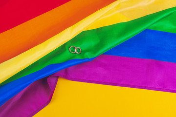 Gay Marriage Concept with Rainbow flag and rings