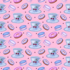 Watercolor tea time seamless pattern. Hand painted repeat background with cup, macaroon, donut.