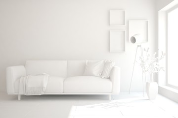 Mock up of stylish room in white color with sofa. Scandinavian interior design. 3D illustration