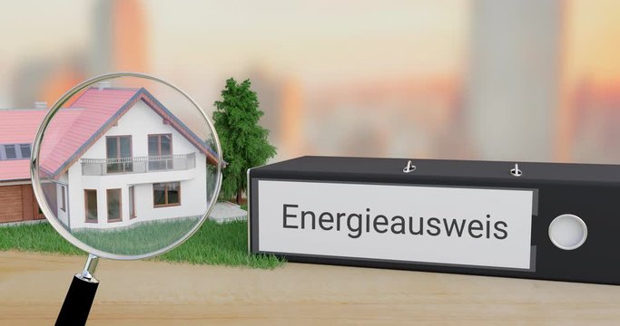 Energieverbrauch einer Immobilie. Akten-Ordner, Modell eines Hauses, Baum und Rasen bewegen sich in das Sichtfeld. Animierte Lupe erscheint. Aktenordner wird mit dem Wort Energieausweis beschriftet.