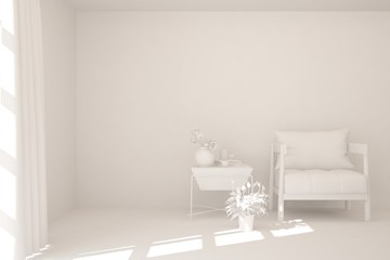 Mock up of stylish room in white color with armchair. Scandinavian interior design. 3D illustration