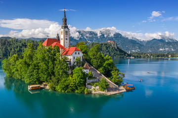 Bled, Slovenia - Aerial view of Lake Bled (Blejsko Jezero) with the Pilgrimage Church of the...
