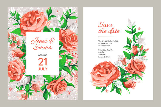 Wedding invitation card. Frame with text and flowers - coral and white Roses, Campanula and Lilac isolated on white Background.