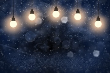 Fototapeta na wymiar blue nice brilliant glitter lights defocused bokeh abstract background with light bulbs and falling snow flakes fly, celebratory mockup texture with blank space for your content