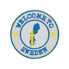 Vector stamp of welcome to Sweden with map outline of the nation in center.