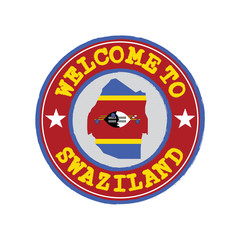 Vector stamp of welcome to Swaziland with map outline of the nation in center.