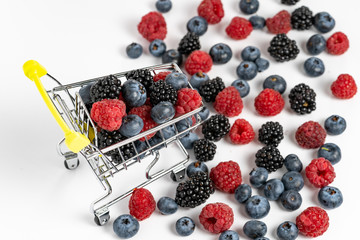 Close up view of shopping cart with mix fruits