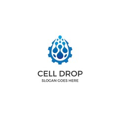 cell nucleus water droplet medical logo design with gear cog shapes