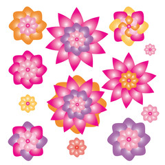 Set of colorful vector flowers in cute baby style. Isolated objects on a white background for decoration of holidays, postcards, invitations, banners. Cheerful, cute style.