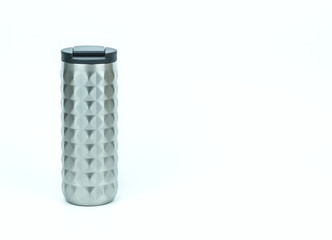 Isolated of eco friendly and zero waste sport thermos stainless steel water bottle in silver color with black caps on white background with copy space on the right