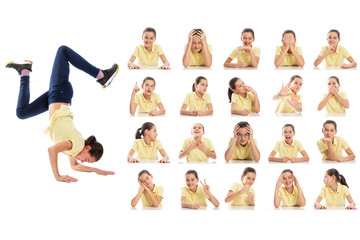 Set of emotional portraits of a teenage girl. Collage of different grimaces. Isolated on a white...