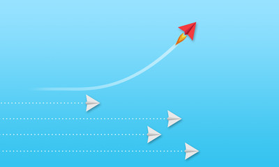 Illustration with paper planes on coloured background metaphor for business solution and leadership