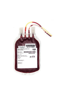 A bag of fresh blood with blood group labelled.
