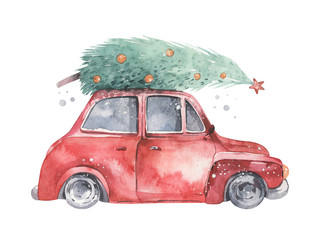 Watercolor christmas holiday card transportation illustration. Merry Xmas winter tree design. Hand painted New year retro vintage cars