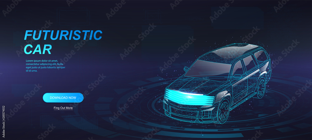 Poster futuristic jeep in the form of a starry sky or space. 3d model hologram crossover, consisting of poi