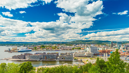 Panorama of Oslo, Norway. Beautiful cityscape of a Scandinavian city on sunny summer day