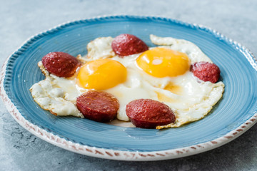 Turkish Breakfast Sucuk with Fried Eggs / Salami or Sujuk