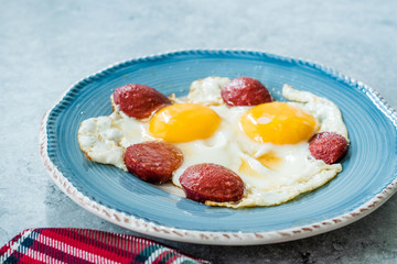 Turkish Breakfast Sucuk with Fried Eggs / Salami or Sujuk