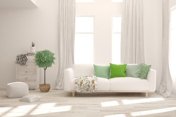 Fototapeta premium Stylish room in white color with sofa. Scandinavian interior design. 3D illustration