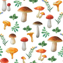 Beautiful seamless floral pattern on white background.  Watercolor hand drawn mushrooms and green leaves. 