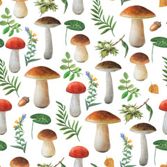Seamless floral pattern on white background. Autumn  and summer collection. Watercolor hand drawn mushrooms and different leaves. 